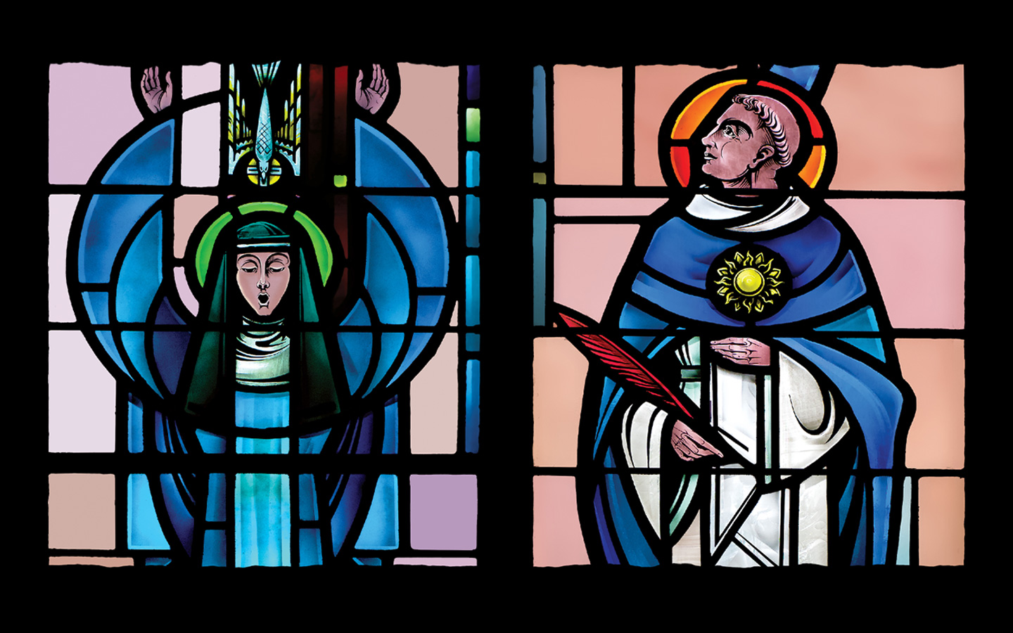 Stained glass window of Saints and Scholars in McLean Chapel on Holy Names University campus