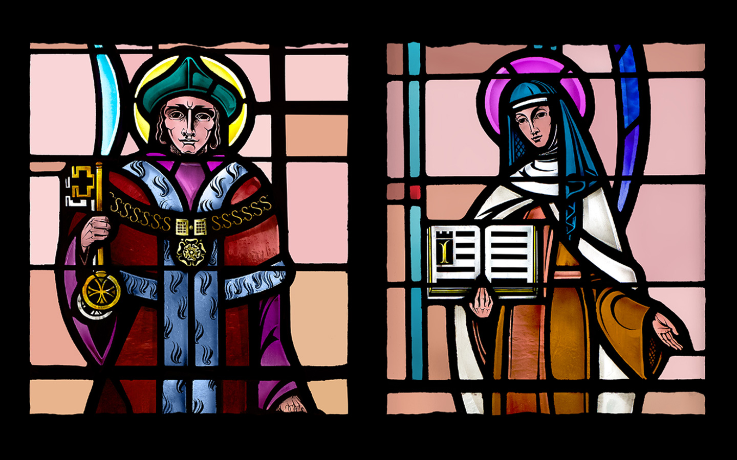 Stained glass Saints Thomas More and Teresa Avila