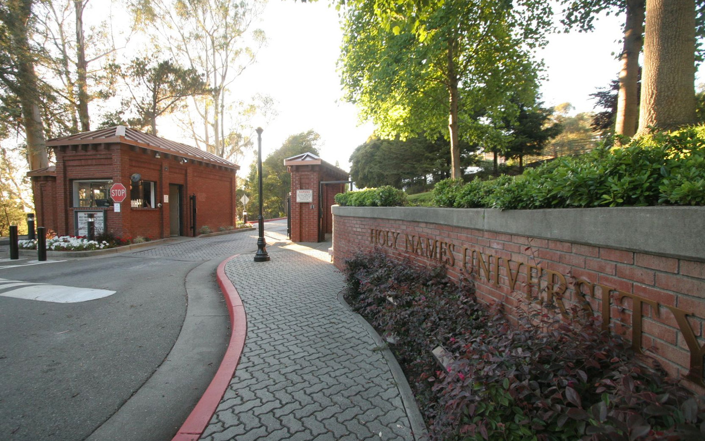 Holy Names University front gate and campus walkway