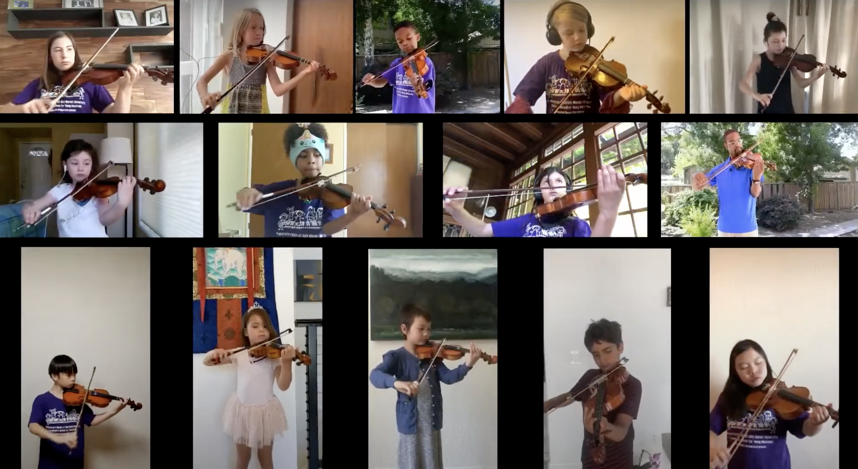 Collage of HNU Preparatory Music students and teachers playing violin together virtually